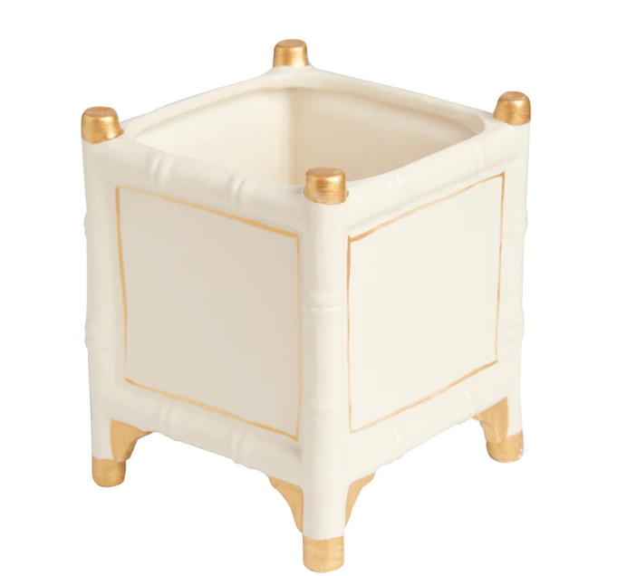 Bamboo Cachepot, White/Gold, Large - Clements Fine Rugs